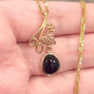 Vintage 10K Black Hills Gold Onyx Pendant: 12K Rose Gold Leaf Floral Dangle